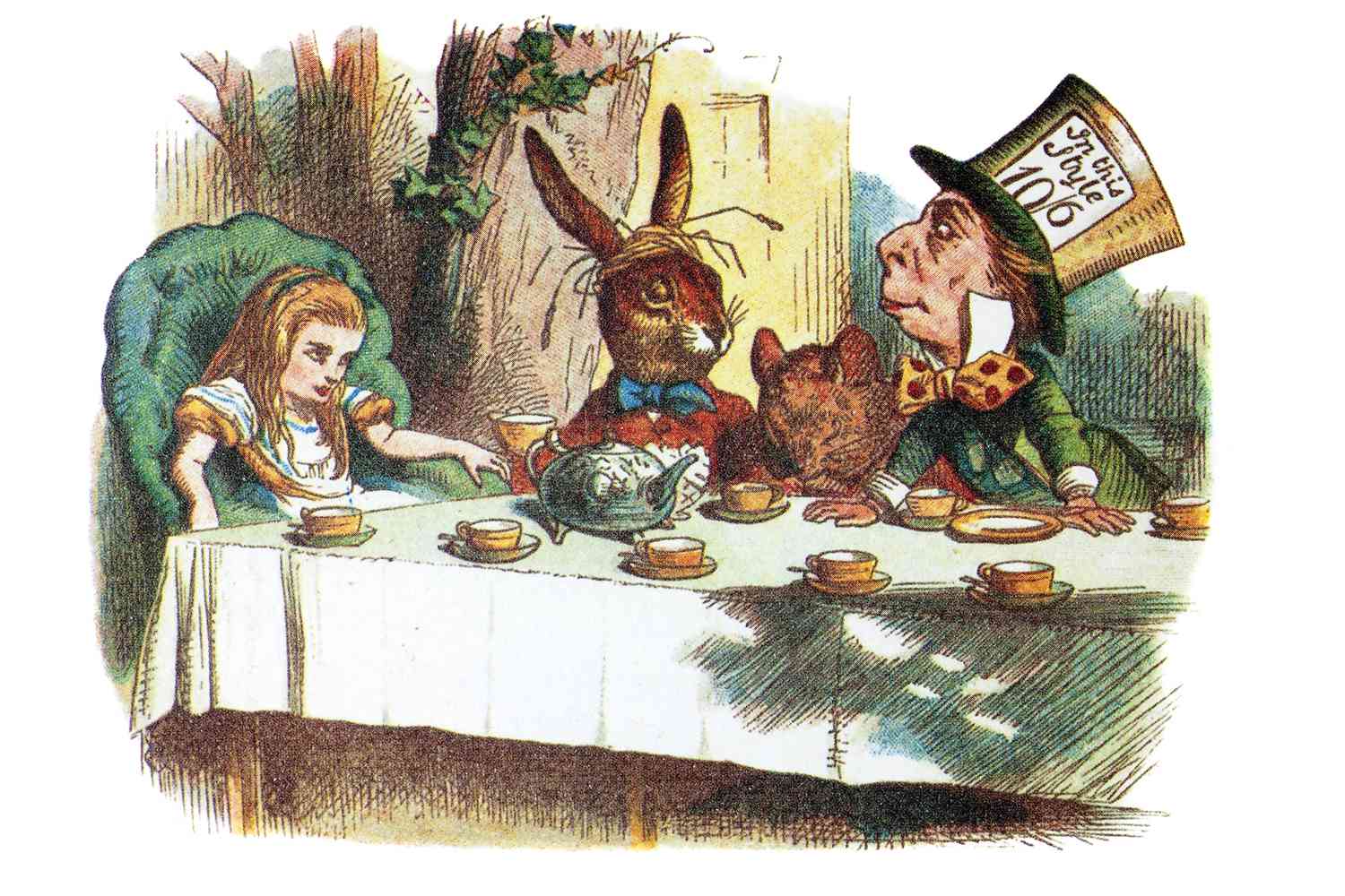 Illustration of the Mad Hatter's tea party from Alice's Adventures in Wonderland